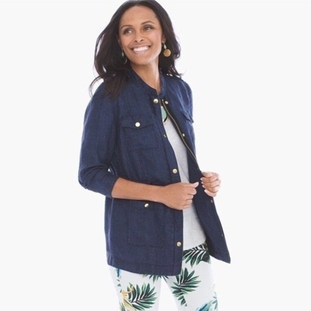Chicos‎ Navy Blue 100% Linen Utility Jacket Gold Button Cinched Waist Casual